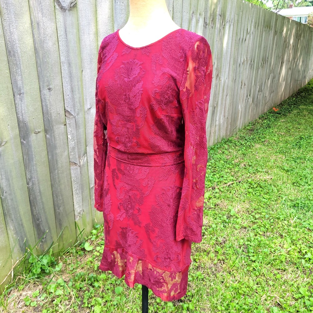 Sheer Lace Open Back Dress For Love Of Lemons M Merlot Red monochrome cocktail